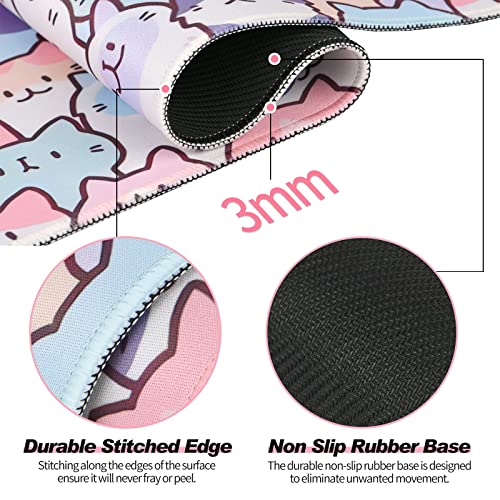 Cute Kawaii Cat Mouse Pad, Gaming Office Home Mousepad, Computer Keyboard and Laptop Desk Mat for Women, Large Extended Non-Slip Rubber Base with Stitched Edges, 31.5x15.7x0.12 in, Pink - color: Cat