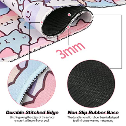 Cute Kawaii Cat Mouse Pad, Gaming Office Home Mousepad, Computer Keyboard and Laptop Desk Mat for Women, Large Extended Non-Slip Rubber Base with Stitched Edges, 31.5x15.7x0.12 in, Pink - color: Cat