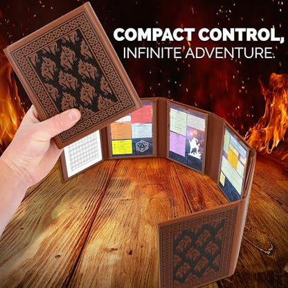 CASEMATIX Miniature DM Screen - 6-Panel Faux Leather Mini Game Master Screen for TTRPGs, Compact DND DM Screen for Better Player Connection Tabletop RPG Sessions with Low-Profile Design, Brown - color: Brown
