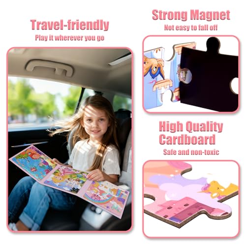 Magnetic Puzzles for Kids Ages 3-5, Princess Unicorn Mermaid | 3-in-1 Travel Puzzles for Kids Ages 4-6, Car Airplane Road Trip Activities Toys for 3 4 5 6 Year Old Girls