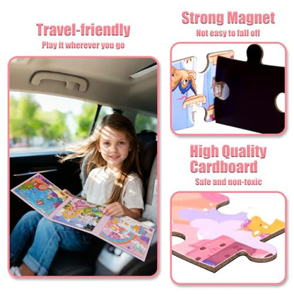 Magnetic Puzzles for Kids Ages 3-5, Princess Unicorn Mermaid | 3-in-1 Travel Puzzles for Kids Ages 4-6, Car Airplane Road Trip Activities Toys for 3 4 5 6 Year Old Girls