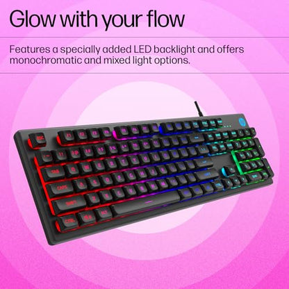HP K500F Backlit Membrane Wired Gaming Keyboard with Mixed Color Lighting, Metal Panel with Logo Lighting, 26 Anti-Ghosting Keys,