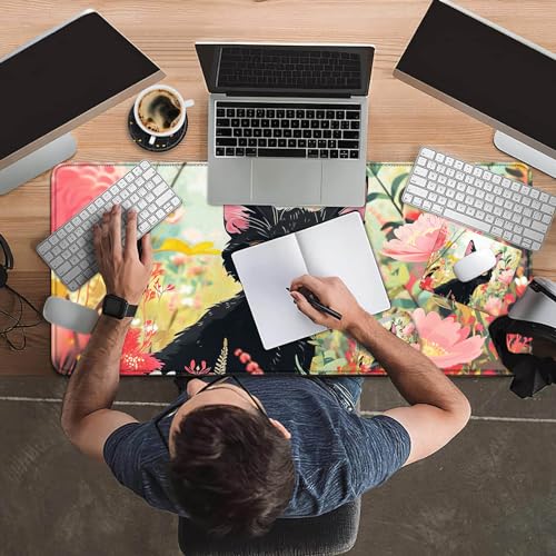 Mouse Pad Desk Mat Ergonomic Wrist Support Pad Set,Mouse Wrist Rest Keyboard Pad with Stitched Edges and Non Slip Base-Black Cat Pink Flowers Cartoon - color: Black Cat Pink Flowers Cartoon