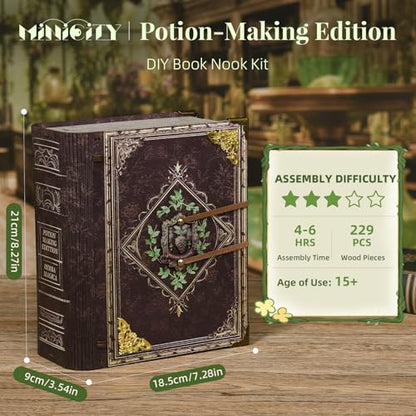 MiniCity Potion-Making Book Nook Kit, 3D Wooden Bookshelf Puzzle with LED | 229-piece book-style DIY kit with LED and dust cover; glue/tools and guide included; 4-6 hr build for shelf decor, ages 14+. - style: Potion-Making Edition