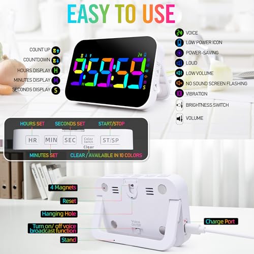 Kitchen Timer for Cooking, Rechargeable Digital Magnetic Timer with Large LED Display, Loud Alarm, Sound Countdown, 4 Volume Levels and 3 Brightness for Classroom, Study (RGB) - color: Rgb