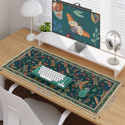 iCasso Desk Pad,Desk Matt for Desktop,Cute Mouse Pad,Green | Anti-Slip Large Mousepad with Stitched Edges,Keyboard Pad Mouse Mat for Home Office Work - color: Butterfly-green