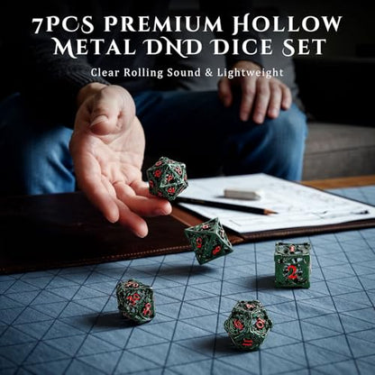MoKo Dragon Hollow Metal DND Dice Set, Green+Red | 7 Pcs Polyhedral, D20 D12 D10 D8 D6 D4, For Dungeons and Dragons RPG Games, With Gift Box - color: 4 - Dark Green+red