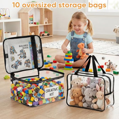 Clear Toy Storage Bags, 10-Pack PVC Organizer Bags with Labels | Reusable PVC bags with zipper, label and manual pockets for blocks, board games, puzzles, books, classrooms and travel