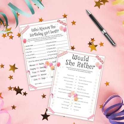 ALodr 20 Pcs Who Knows the Birthday Girl Best, Would She Rather Games for Girl Birthday Party, Funny Birthday Party Games, Double Sided, 5x7 Inches - color: Balloon, size: 2 in 1 (Set 1)