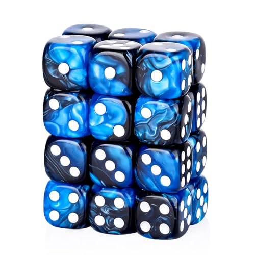 24 Piece Dual-Tone Round Corner 16mm dice 6 Sided dice d6 dice Set for DND, MTG, Tenzi, Farkle, Bunco, Card Gaming & Math Learning with Portable Storage Pouch(Blue-Black) - color: 16mm-blue&black
