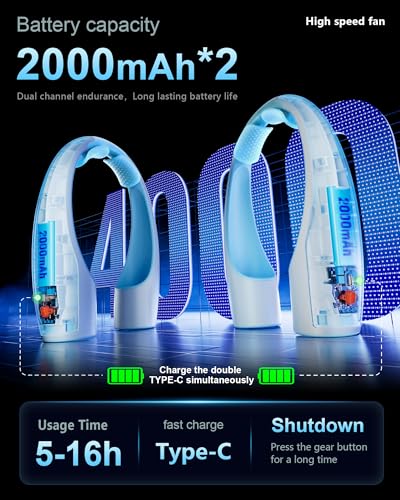 Heelkl AI Neck Fan, 4 Speeds Adjustable Portable Personal Fan Rechargeable, 4000 mAh Battery Faster Cooling Wearable Fan, Ultra Quiet for Home, Office, Travel, Outdoor - White Blue - color: White Blue