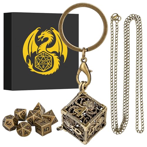 Keller & Weber Mini DND Dice Set with Hollow Six-Sided Octopus Metal Case Portable Keychain Necklace, Tiny 7pcs Polyhedral D&D Dice Set, DND Gifts with Gift Box, D&D Accessories for RPG, Bronze