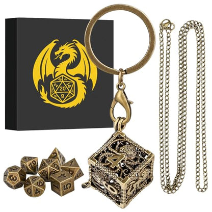Keller & Weber Mini DND Dice Set with Hollow Six-Sided Octopus Metal Case Portable Keychain Necklace, Tiny 7pcs Polyhedral D&D Dice Set, DND Gifts with Gift Box, D&D Accessories for RPG, Bronze
