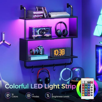 HOOBRO Floating Shelves with LED Lights, 29.5" LED Wall Mounted Gaming Shelf, 3-Tier Pipe Display Rack with Hanging Rod and 4 S-Hooks, for Storage Livingroom, Bedroom, Kitchen, Black BB21DBJ01 - color: Black