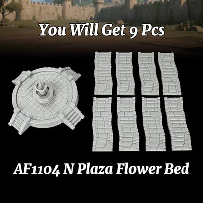 Modular Town Square Map Props for Dungeons and Dragons & TTRPGs, Fantasy Plaza Crossroad Scenery -25mm Unpainted Stone Fountain & 4-Way Pavement Path Set - Plaza Flower Bed (AF1104 N) - color: Af1104 N Plaza Flower Bed