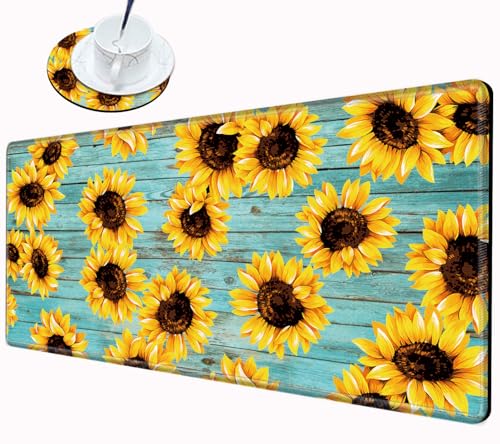 Gaming Mouse Pad Large Mousepad Sunflower Desk Mat XXL Big Desk Pad Rubber Base Computer Pad with Stitched Edges Mouse Mat for Work Game Home Office - color: Sunflower, size: 31.5''x15.75''