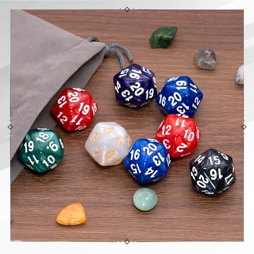 12 PCS D20 Spindown Dice Set in 6 Pearl Colors for MTG Accessories | Easy to read, 0.86 Inches 20 sided countdown D20, a grey velvet bag