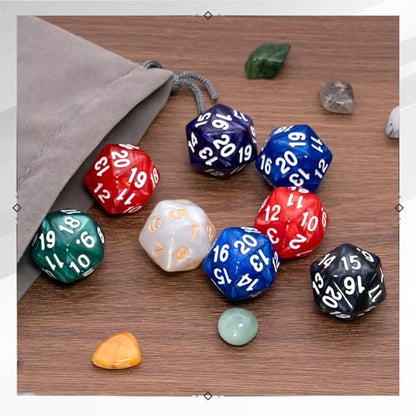 12 PCS D20 Spindown Dice Set in 6 Pearl Colors for MTG Accessories | Easy to read, 0.86 Inches 20 sided countdown D20, a grey velvet bag