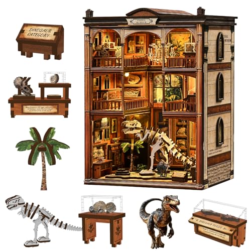 DIY Book Nook Kit, 3D Wooden Puzzle for Adults, Miniature House Kit with Touch LED Light, Gothic Bookshelf Insert Decor, Creative Hobby Gift for Fantasy Lovers - style: Fossil Museum