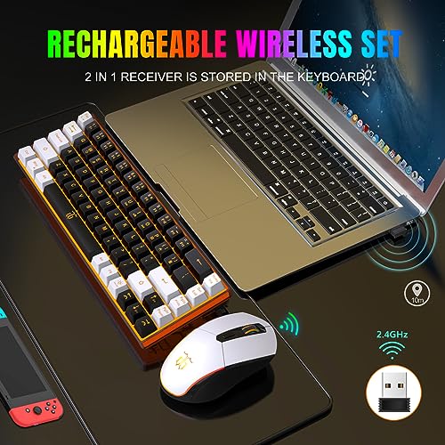 Snpurdiri 60% Wireless Gaming Keyboard and Mouse Combo,Orange Backlit Rechargeable 2000mAh Battery,Mini Mechanical Feel Anti-ghosting Keyboard + Popular RGB Mice for Gaming, Office(Black-White) - color: Black White Combo