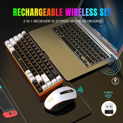 Snpurdiri 60% Wireless Gaming Keyboard and Mouse Combo,Orange Backlit Rechargeable 2000mAh Battery,Mini Mechanical Feel Anti-ghosting Keyboard + Popular RGB Mice for Gaming, Office(Black-White) - color: Black White Combo
