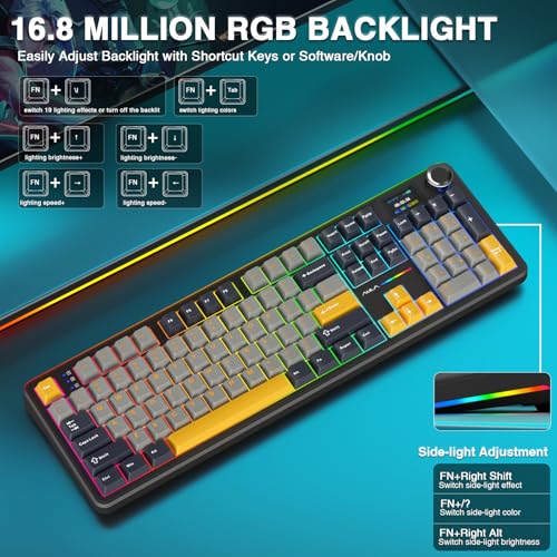 AULA F108 PRO - Wireless Mechanical Keyboard with Screen&Knob,Hot Swappable Gaming Keyboard with 8000mAh Battery,Pre-lubed Switches,RGB Backlit,PBT Keycaps Creamy Sounding Computer Keyboards,104 Keys - color: Gray&Yellow