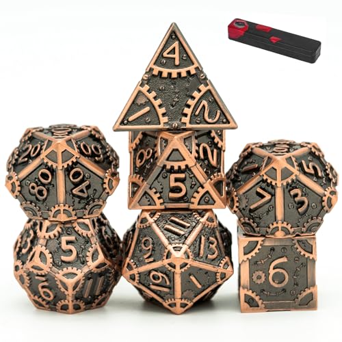 UDIXI Steampunk Metal Dice Set, 7PCS Metal Polyhedral DND Dice Set for D&D | Ancient Copper, Gear Carved, Solid Metal, Metal Gift Box, DM Gift, for Dungeons and Dragons RPG Role Playing Games - color: Gear-antique Copper
