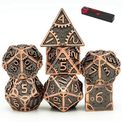 UDIXI Steampunk Metal Dice Set, 7PCS Metal Polyhedral DND Dice Set for D&D | Ancient Copper, Gear Carved, Solid Metal, Metal Gift Box, DM Gift, for Dungeons and Dragons RPG Role Playing Games - color: Gear-antique Copper