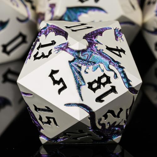 Metal D&D Dragon Dice Set,Metallic DND Polyhedral Dice for Dungeons and Dragons RPG TTRPG D&D 7-Die Set with Gift Case Pearl Silver Illusion to Blue Green Purple - color: Dragon-pearl Silver Illusion to Blue Green Purple