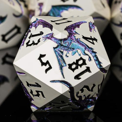 Metal D&D Dragon Dice Set,Metallic DND Polyhedral Dice for Dungeons and Dragons RPG TTRPG D&D 7-Die Set with Gift Case Pearl Silver Illusion to Blue Green Purple - color: Dragon-pearl Silver Illusion to Blue Green Purple