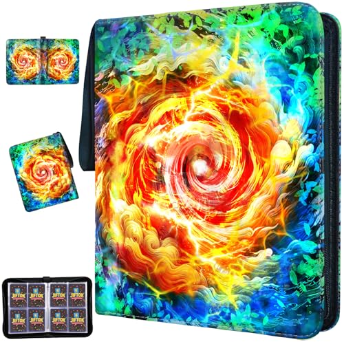 Trading Card Binder for TCG Cards, 4-Pocket Portable Card Collector Ablum Holder Book Fits 400 Cards with 50 Removable Sleeve, Waterproof BKM Card Binder Display Storage Carrying Cases for TCG-Storm - color: Orange-400 cards