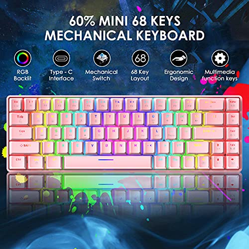 60% Mechanical Gaming Keyboard Mini 68 Keys Anti-Ghosting Wired RGB 18 Backlit Effects,Lightweight Gaming Mosue DPI Adjustable Honeycomb Optical,113 PBT Pudding Keycaps for PC Gamers(White)