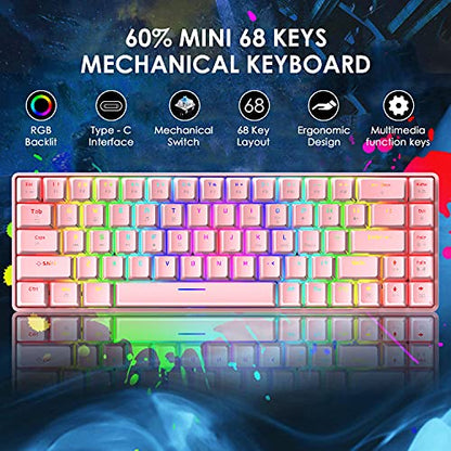 60% Mechanical Gaming Keyboard Mini 68 Keys Anti-Ghosting Wired RGB 18 Backlit Effects,Lightweight Gaming Mosue DPI Adjustable Honeycomb Optical,113 PBT Pudding Keycaps for PC Gamers(White)