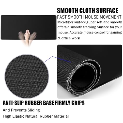Large Gaming Mouse Pad with Extended Stitched Edges, (31.5X15.7 Inch) Durable Non-Slip Natural Rubber Base, Waterproof Keyboard Computer Mousepad for Esports Pros/Gamer/Desktop/Office/Home, Black - color: Black