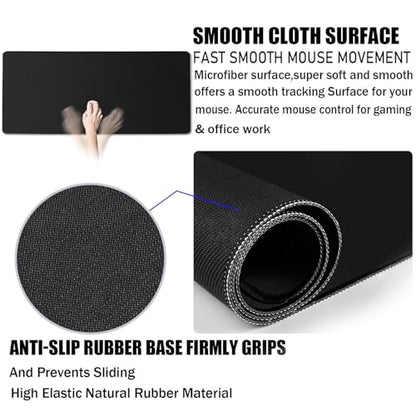 Large Gaming Mouse Pad with Extended Stitched Edges, (31.5X15.7 Inch) Durable Non-Slip Natural Rubber Base, Waterproof Keyboard Computer Mousepad for Esports Pros/Gamer/Desktop/Office/Home, Black - color: Black