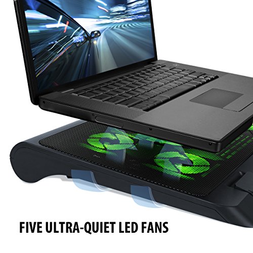 Enhance Gaming Laptop Cooling Pad Stand with LED Cooler Fans, Adjustable Height, & Dual USB Port for 17 inch Laptops - 5 Ultra Quiet High Performance Fans 2630 RPM & Built-in Bumpers - Green - color: Green