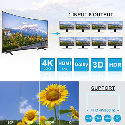 TCNEWCL 4K HDMI Splitter 1 in 8 Out, 4K@30Hz 1080P 8 Port Powered HDMI Splitter for Monitor, TV, Project - size: HDMI 1x8