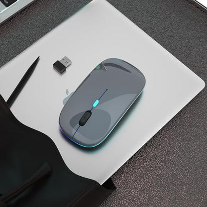 AIKOKOK Wireless Bluetooth Mouse, Rechargeable Dual Mode Mouse, Grey | BT 5.2 & 2.4G USB Receiver, 3 Adjustable DPI,LED Lights,Slim,Silent,Portable Computer Mouse for Laptop,PC,MacBook,iPad,Tablet - color: Grey