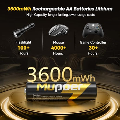 Mupoer Rechargeable AA Lithium Batteries with Charger,16 Count 3600 mWh 1.5V Double A Batteries High Capacity,Long Lasting Rechargeable AA Li-ion Battery with Integrated Charging Storage Box - Gold - size: 3600mWh 16AA