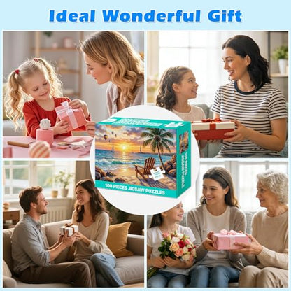 4 Packs 100 Piece Puzzle, Beach Harvest Winter Campfire 100 Piece Puzzles for Adults Seniors, Nature Landscape Large Piece Jigsaw Puzzles 100 Pieces for Seniors Adults Family Game Gifts (15x10 in)
