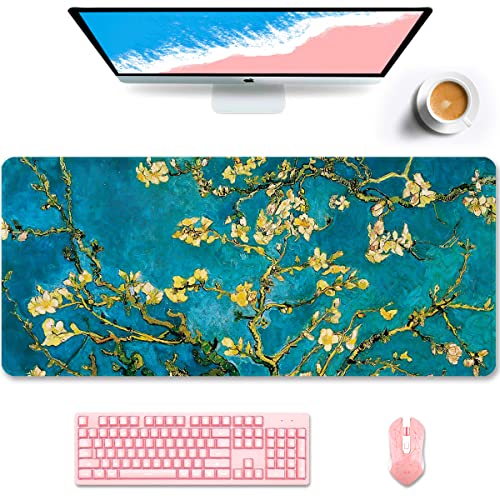 Auhoahsil Desk Pad, XXL Large Mouse Pad, Extended Gaming Mousepad, Cute Desk Mat for Women, Big Office Accessories Mouse Pad for Computer Keyboard and Laptop, 35.6" x 15.7", Teal Van Gogh Almond Tree - color: 29 Van Gogh Almond Tree, size: XXL - Extended