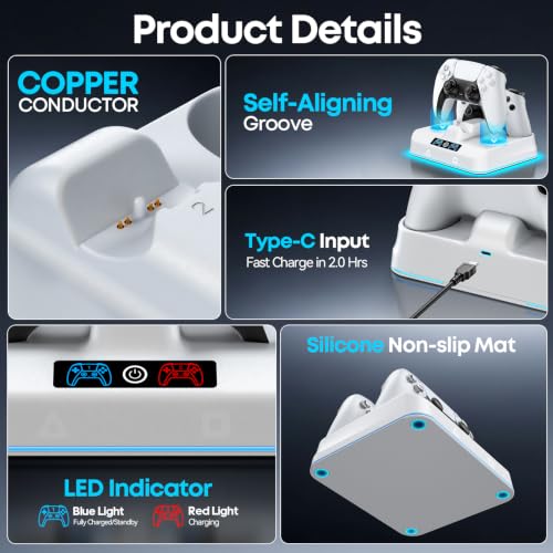 PS5 Controller Charger Station, Drop & Go Design Compatible with PlayStation 5 DualSense/Edge Remotes, Fast Charging Dock with 9 RGB Lights & LED Indicator, Charging Stand