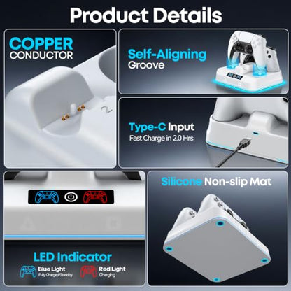 PS5 Controller Charger Station, Drop & Go Design Compatible with PlayStation 5 DualSense/Edge Remotes, Fast Charging Dock with 9 RGB Lights & LED Indicator, Charging Stand