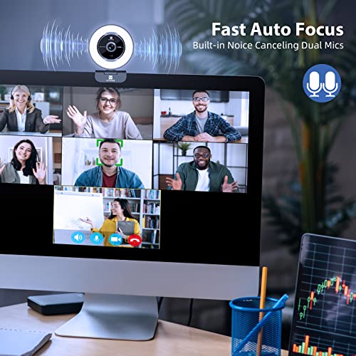 Zoomable Webcam with Remote Control, 1080P 60FPS Streaming with Ring Light and Microphone, Pro USB Webcam with 5X Digital Zoom and Privacy Cover for Zoom/Skype/Teams/PC/Laptop/Mac