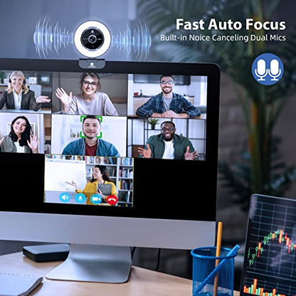 Zoomable Webcam with Remote Control, 1080P 60FPS Streaming with Ring Light and Microphone, Pro USB Webcam with 5X Digital Zoom and Privacy Cover for Zoom/Skype/Teams/PC/Laptop/Mac