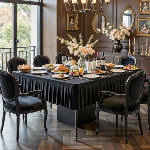 Black Square Tablecloth 54x54 Inch Stretchy Fitted Large Square Table Cover | with Ruffle Pleated Table Skirt, Wrinkle-Free Spandex Mahjong Table Cover, for Dining, Kitchen, Patio, Banquet & Party Decor - color: Black, size: 54" x 54" (Square-1 Pack)