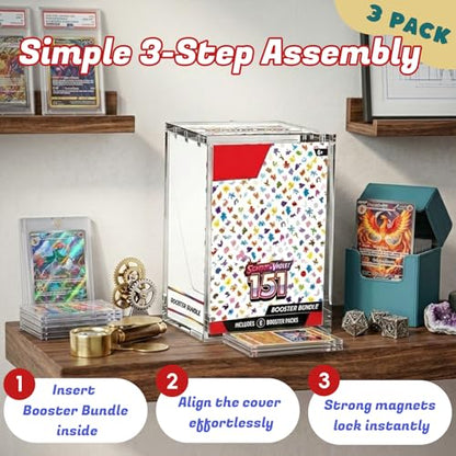 (3 Pack) Standard Height Booster Bundle Acrylic Case, Magnetic Display Case | 8mm Crystal-Clear Acrylic, Magnetic, Stackable, Fits Standard-Height Booster Bundles & Build & Battle Boxes