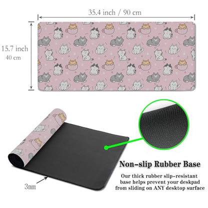 Gaming Mouse Pad Pink, Large Mousepads Computer Desk Mat, XXL Mouse Pad Gaming Non-Slip Rubber Base Waterproof with Stitched Edges, 35.4 X 15.7 inch for Work/Game/Office/Home Cartoon Cat - color: Cartoon Cat Design Pink