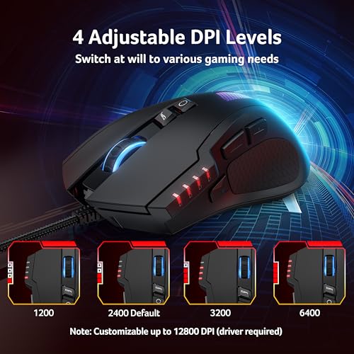 Acer Wired Gaming Mouse, 12,800 DPI RGB Ergonomic Computer Mouse for PC | Optical Sensor, 12 Backlit Modes, 8 Programmable Buttons, Software for DIY Keybinds, Rapid Fire, USB Mouse for Laptop