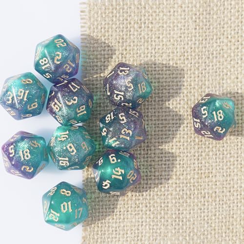 10PCs D20 Polyhedral Dice Set 22mm for DND RPG MTG Dungeons and Dragons Dice (Cyan+Purple) - color: Cyan+purple